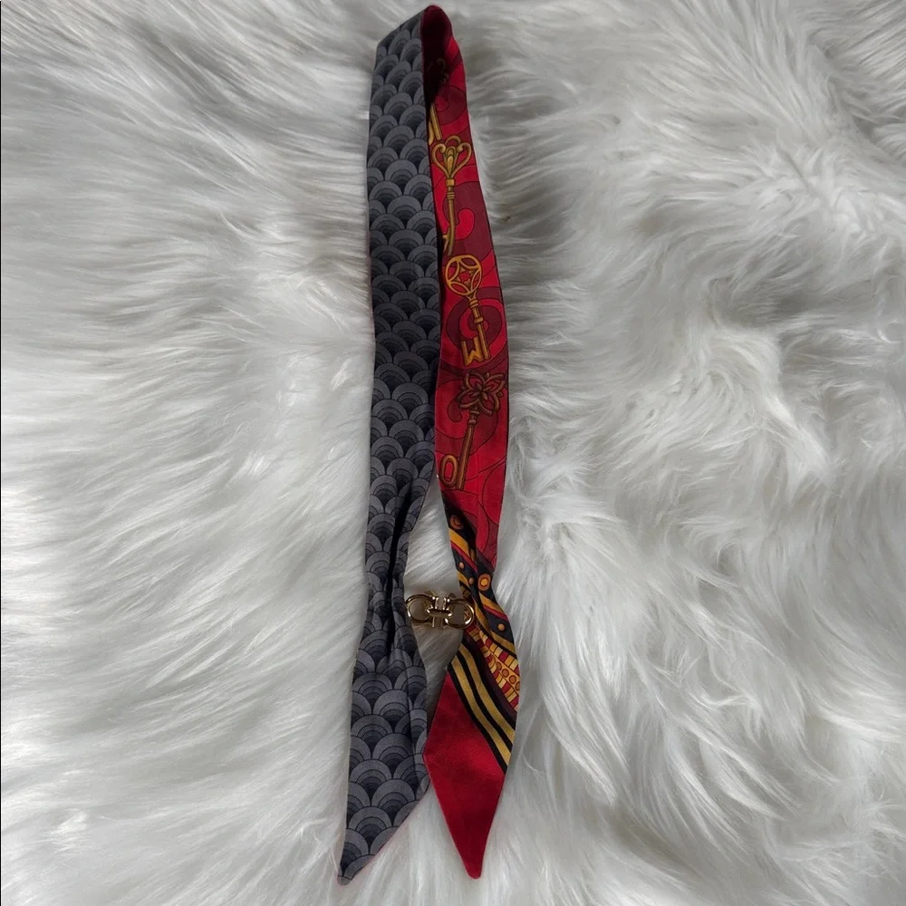 Salvatore Ferragamo silk double sided Twilly with gold‎ Gancini scarf ring